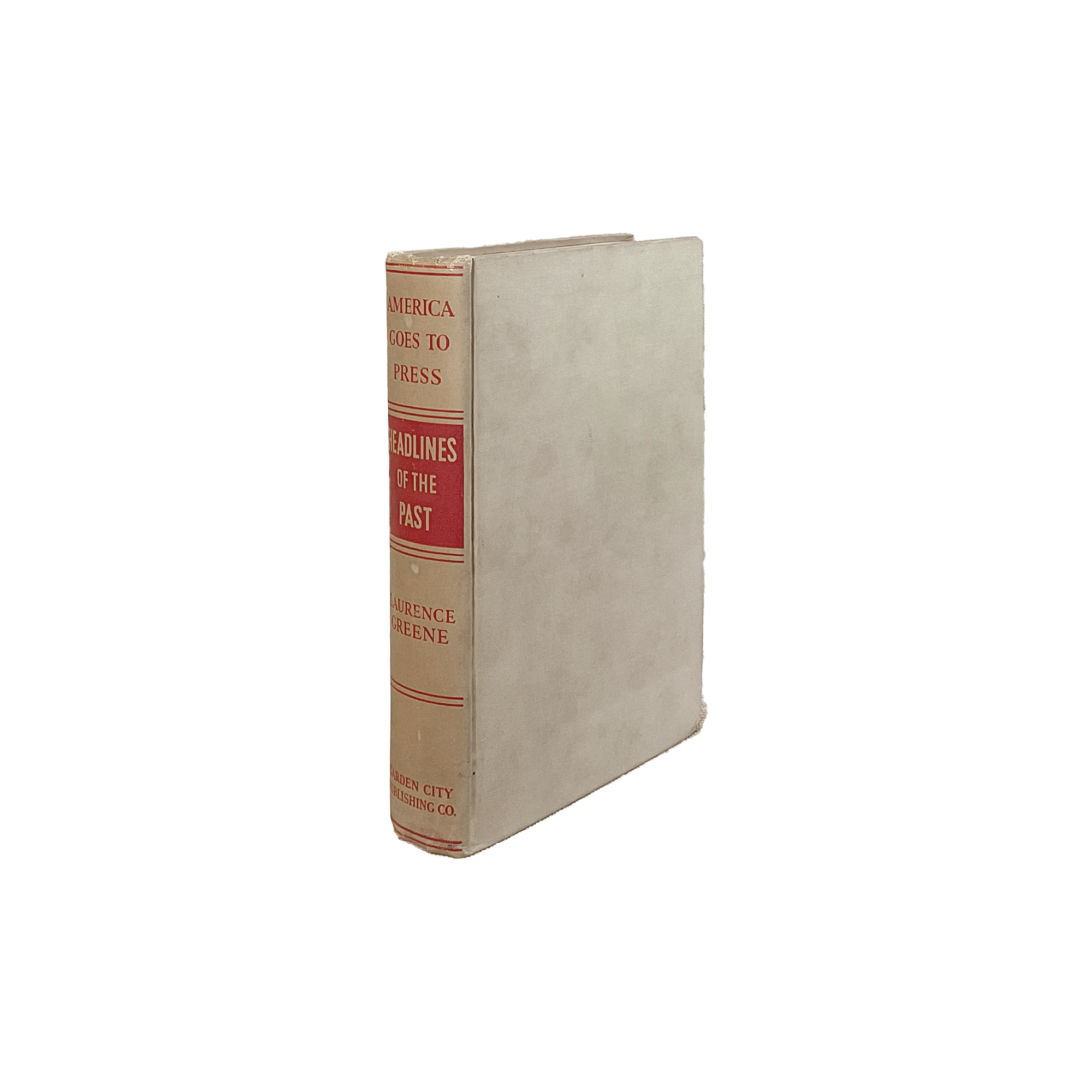 Book with beige cover and red label on a white background