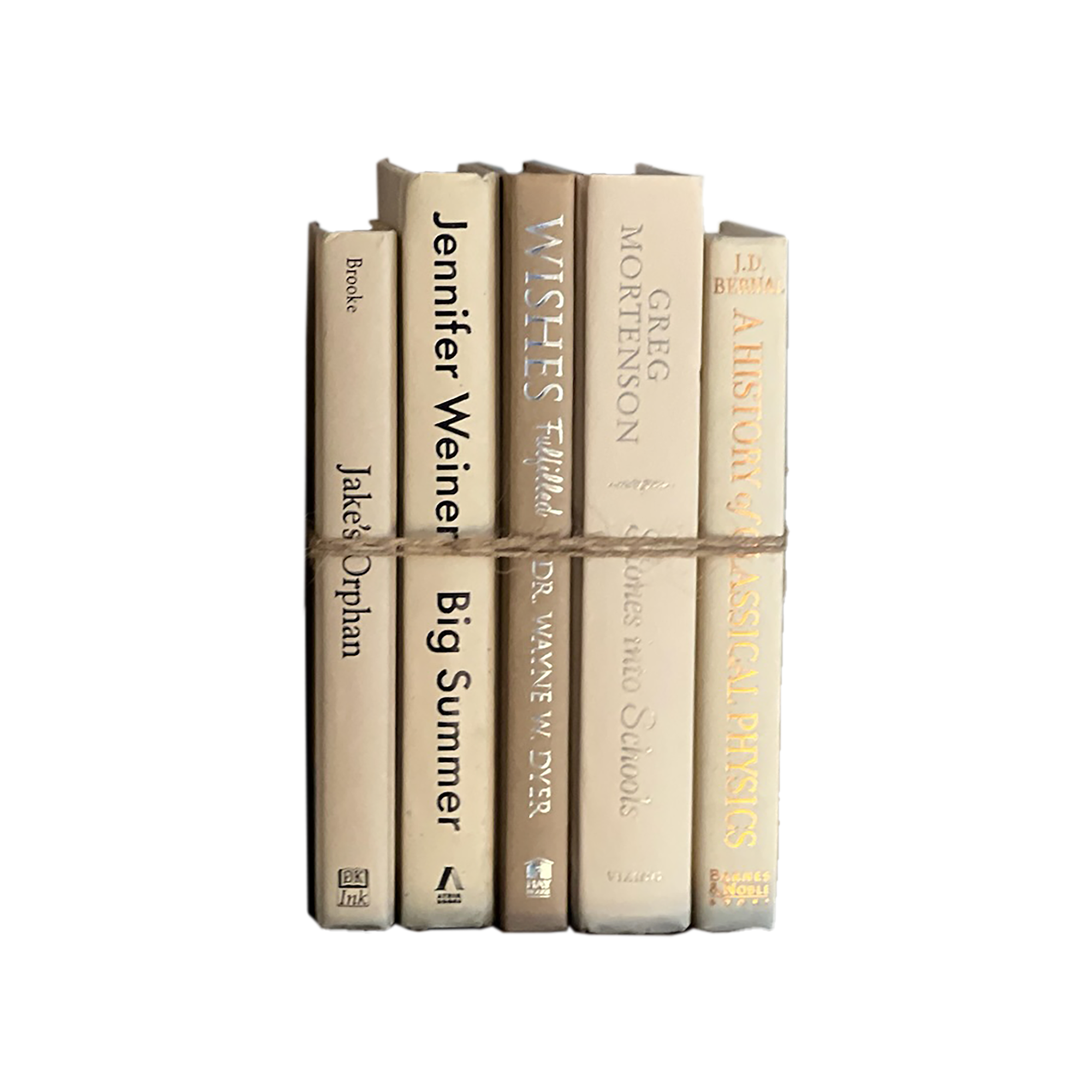 Stack of books tied together with a white background