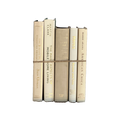 Stack of books with gold and beige spines on a white background