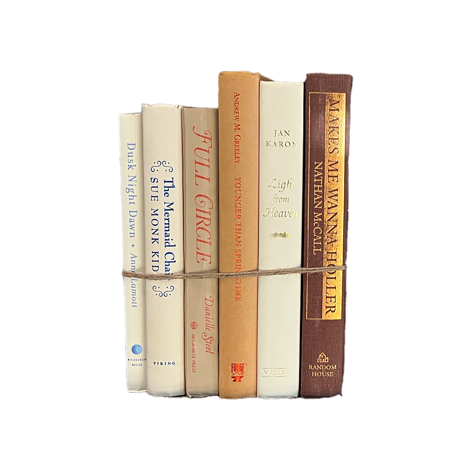 Stack of books tied together with a white background