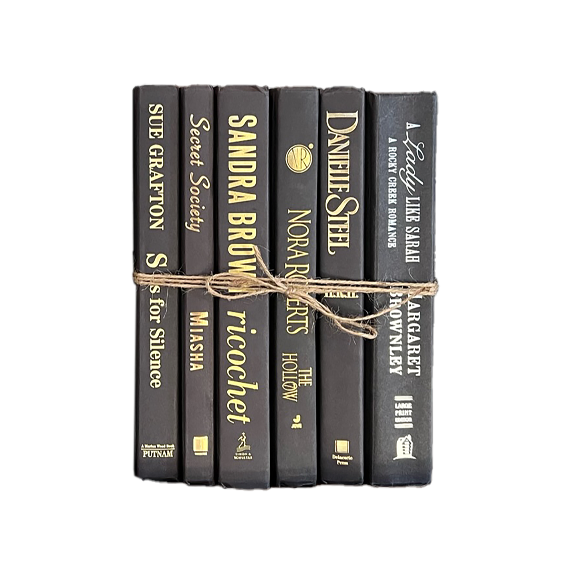 Set of black books tied with twine on a white background