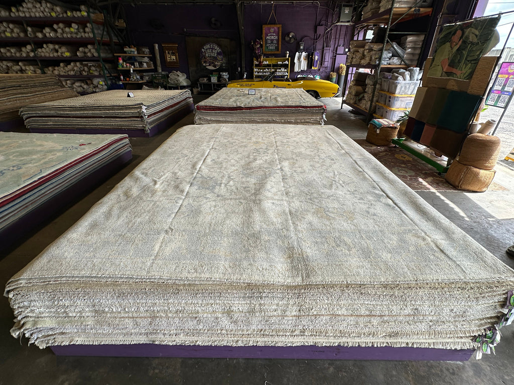 Silvia Platsis 9.1x12 Cream & Blue Whitewashed Afghani Oushak Rug