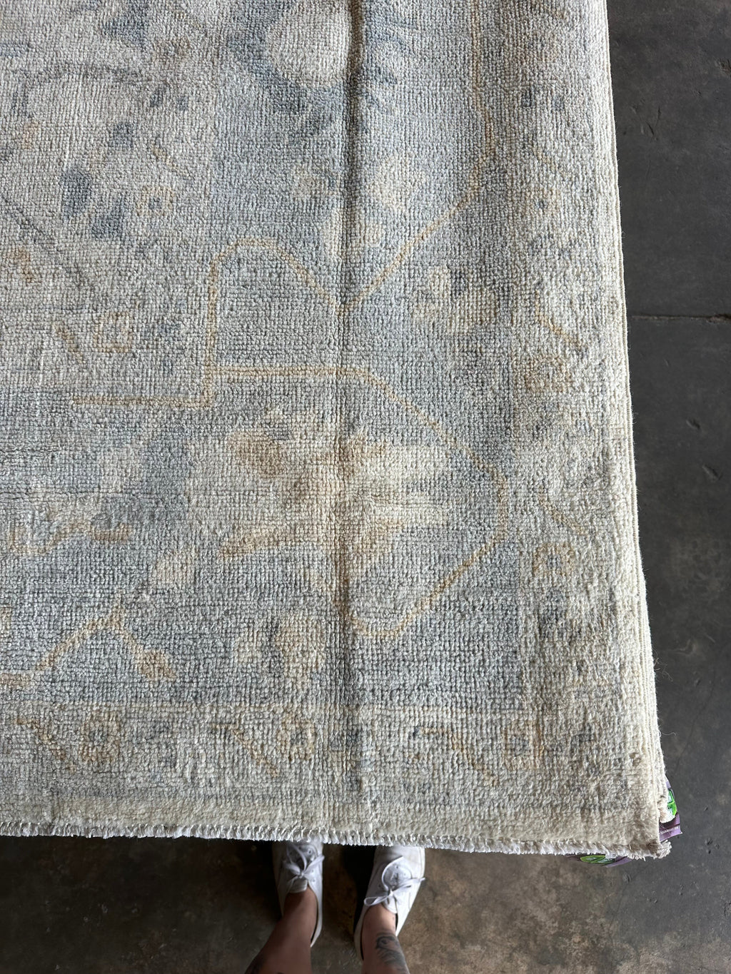 Silvia Platsis 9.1x12 Cream & Blue Whitewashed Afghani Oushak Rug