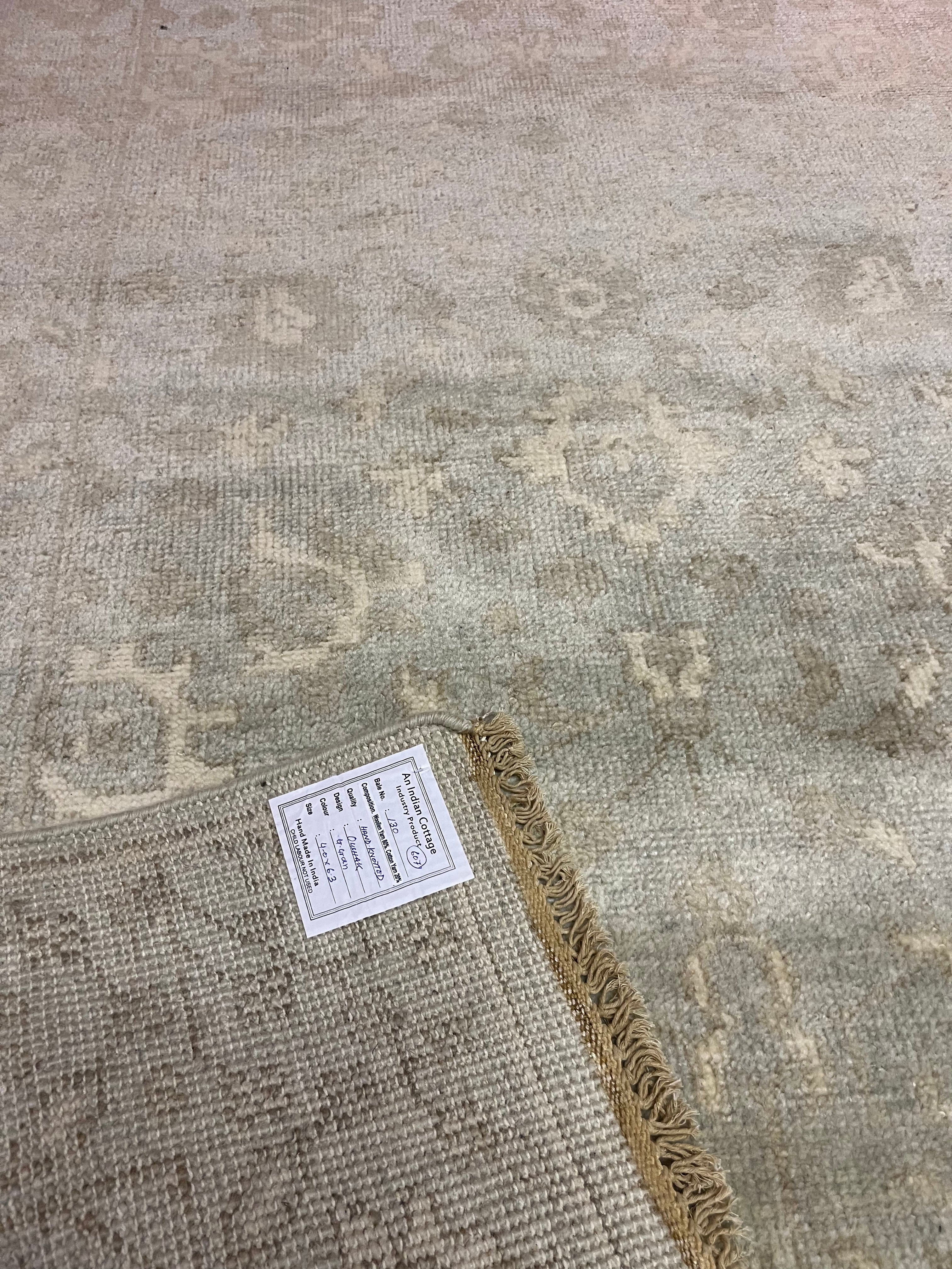 Lauren Geremia 4x6.3 Blue and Tan Hand-Knotted Oushak Rug
