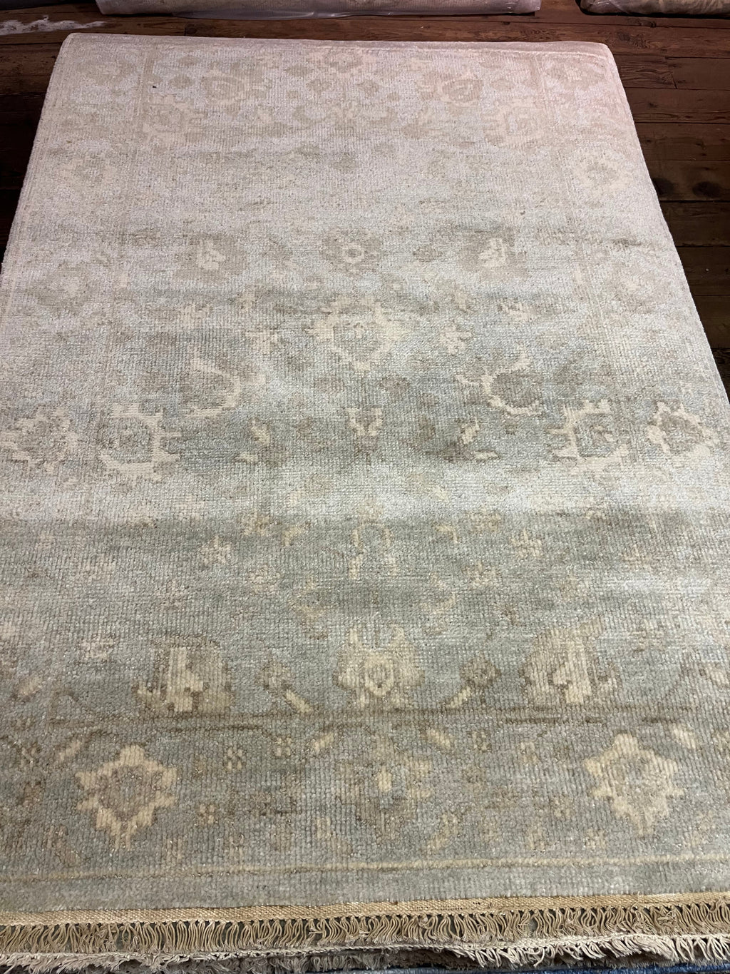 Lauren Geremia 4x6.3 Blue and Tan Hand-Knotted Oushak Rug