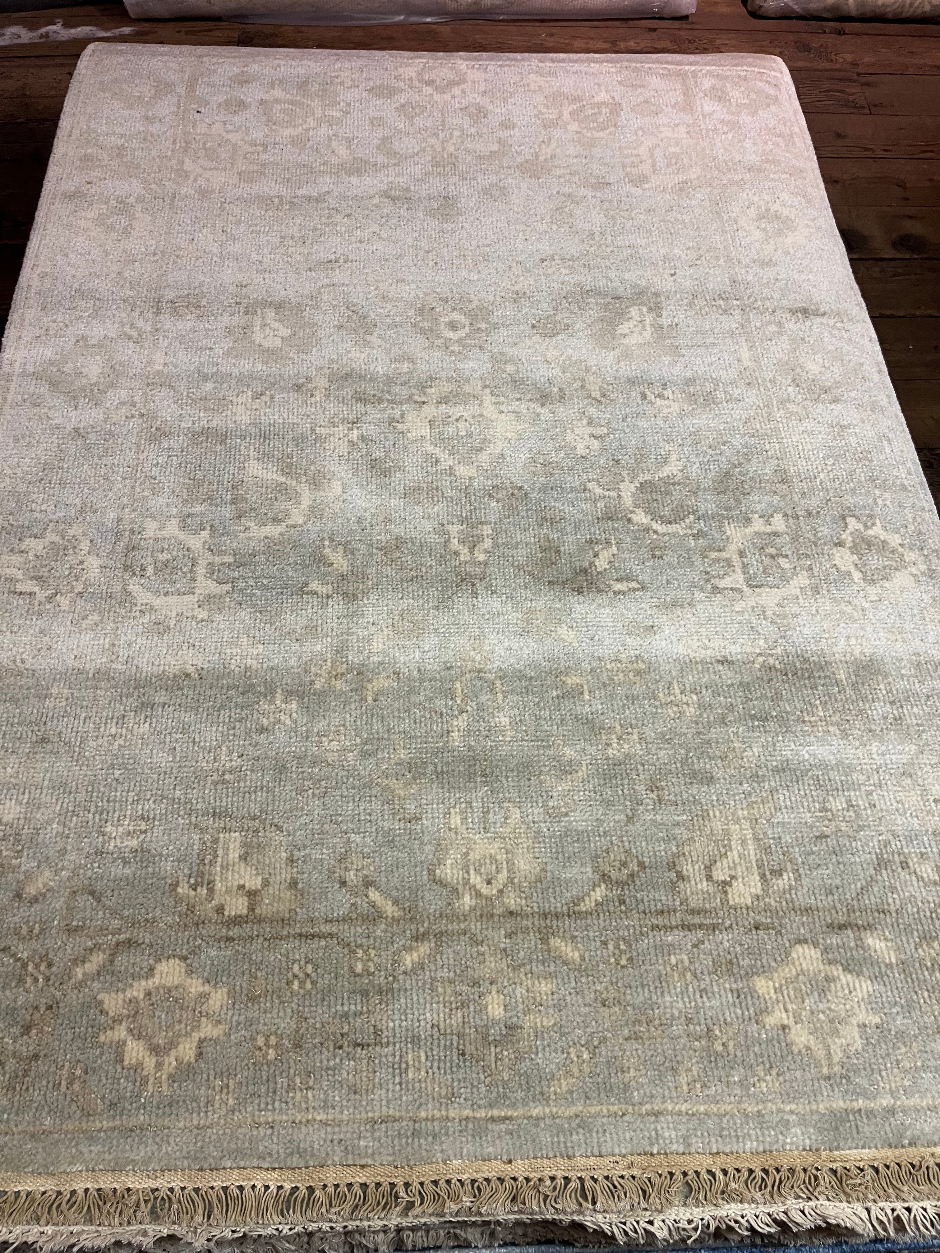 Lauren Geremia 4x6.3 Blue and Tan Hand-Knotted Oushak Rug