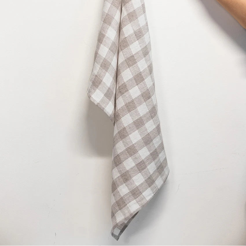 Handmade Check Linen Tea Towels – Set of 6 (Tuile) | Taupe & Ivory European Flax Kitchen Towels