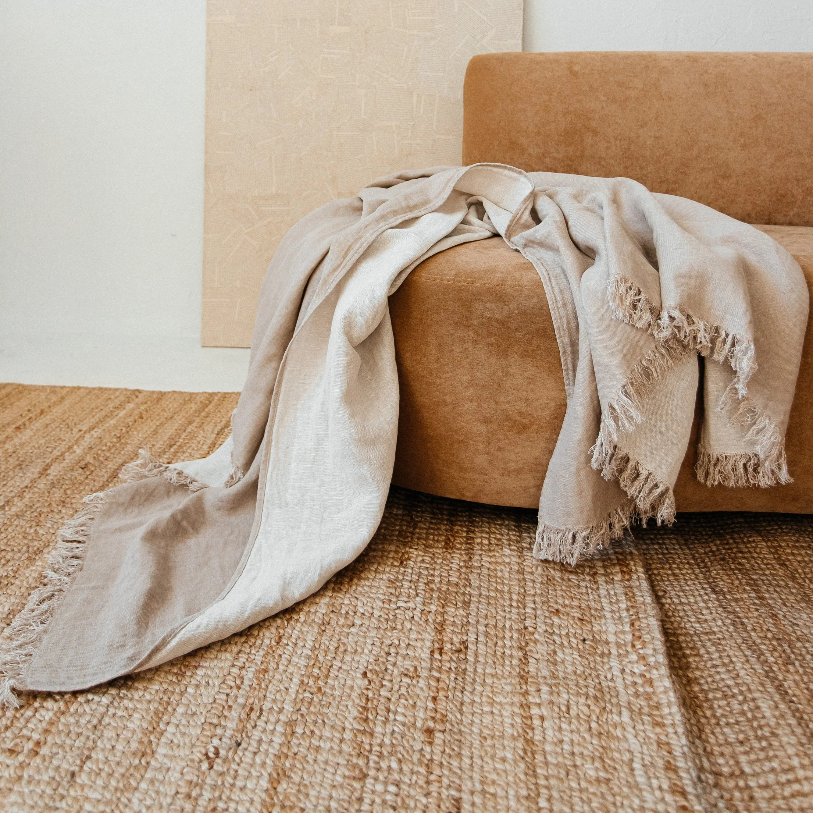 Salina Double-Sided Linen Throw – 100% European Linen Blanket with Fringe | Oversized Neutral Bed & Sofa Throw