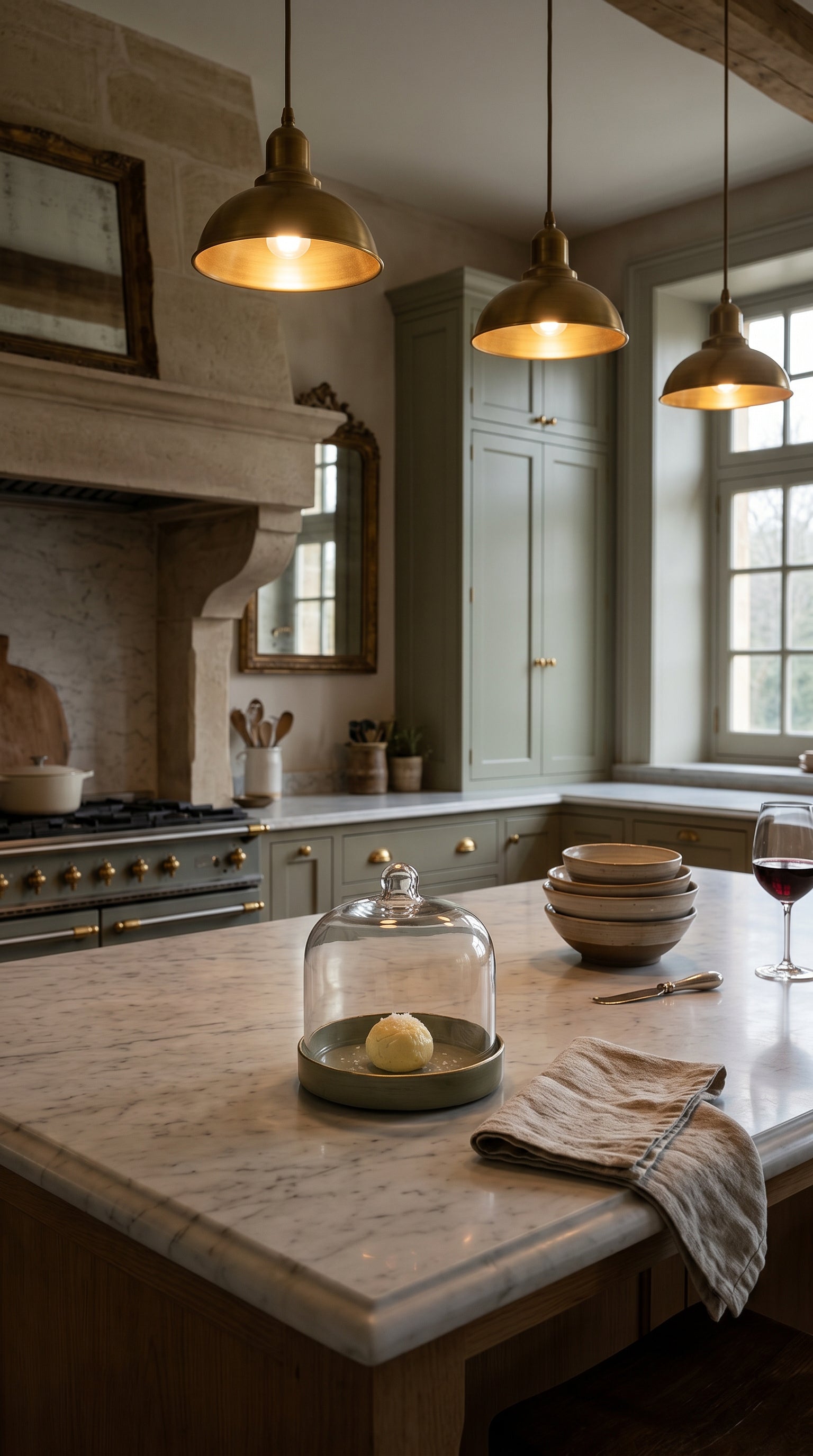 A rustic kitchen interior with three brass pendant lights hanging over a marble island. The kitchen features sage green cabinets, a stone range hood, and a glass cloche on the counter.