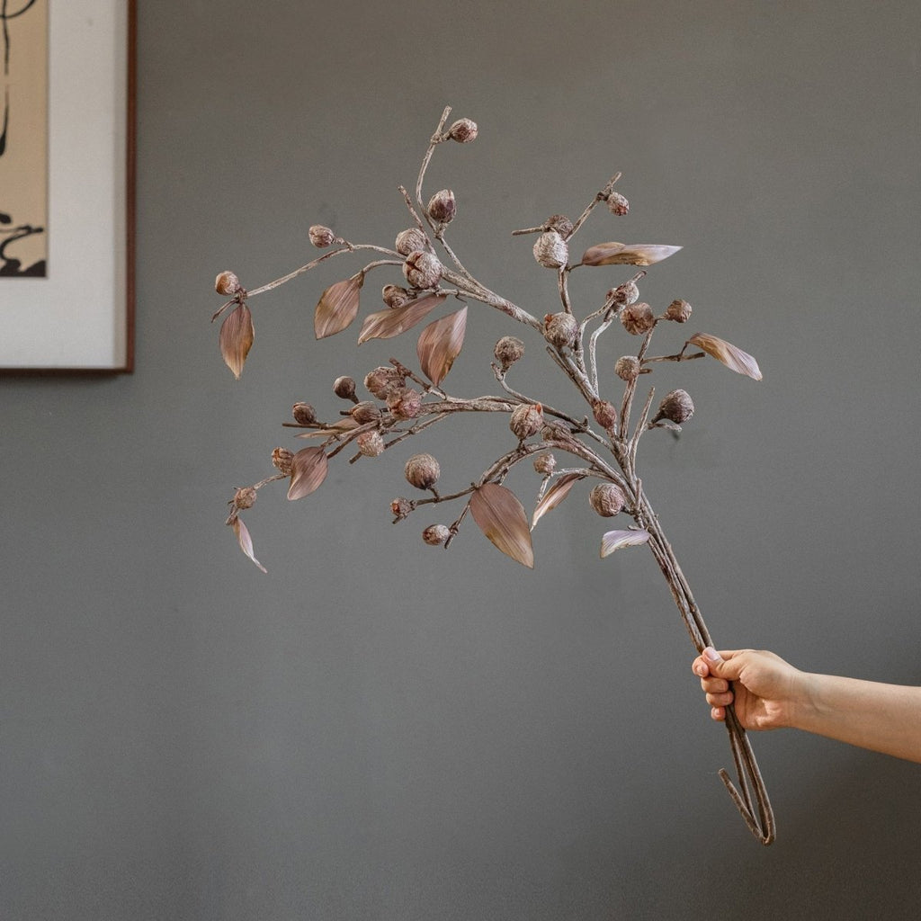 Brown Faux Pod Branch with Leaves 43" Tall | Faux Botanical Stem