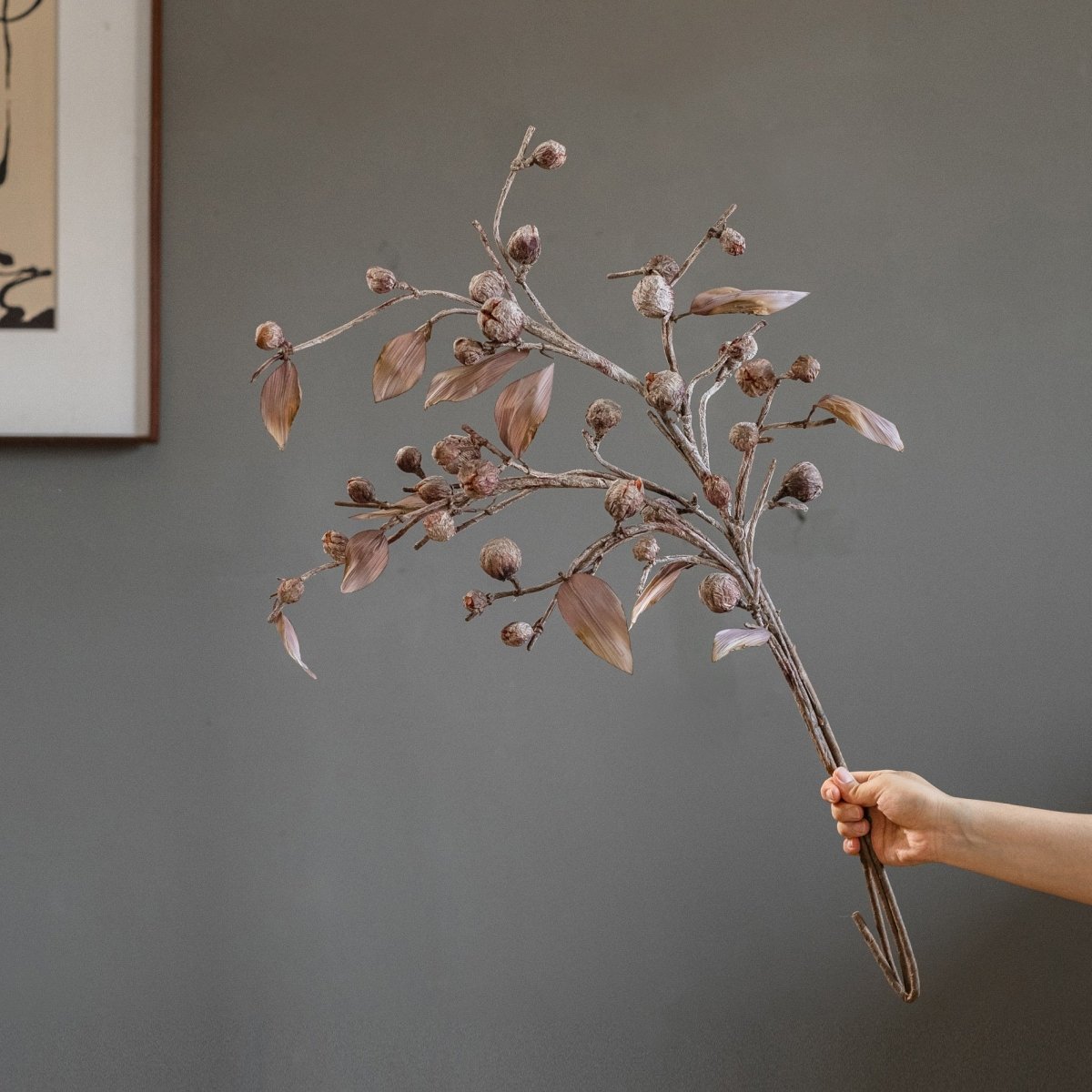 Brown Faux Pod Branch with Leaves 43" Tall | Faux Botanical Stem