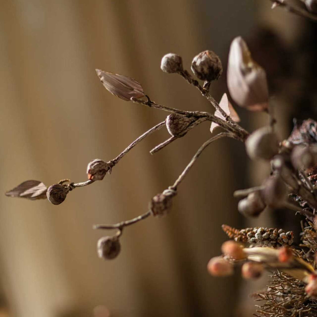 Brown Faux Pod Branch with Leaves 43" Tall | Faux Botanical Stem