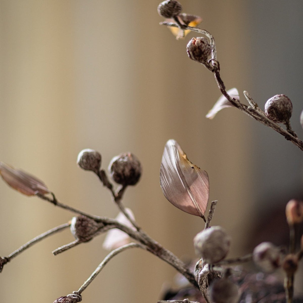 Brown Faux Pod Branch with Leaves 43" Tall | Faux Botanical Stem