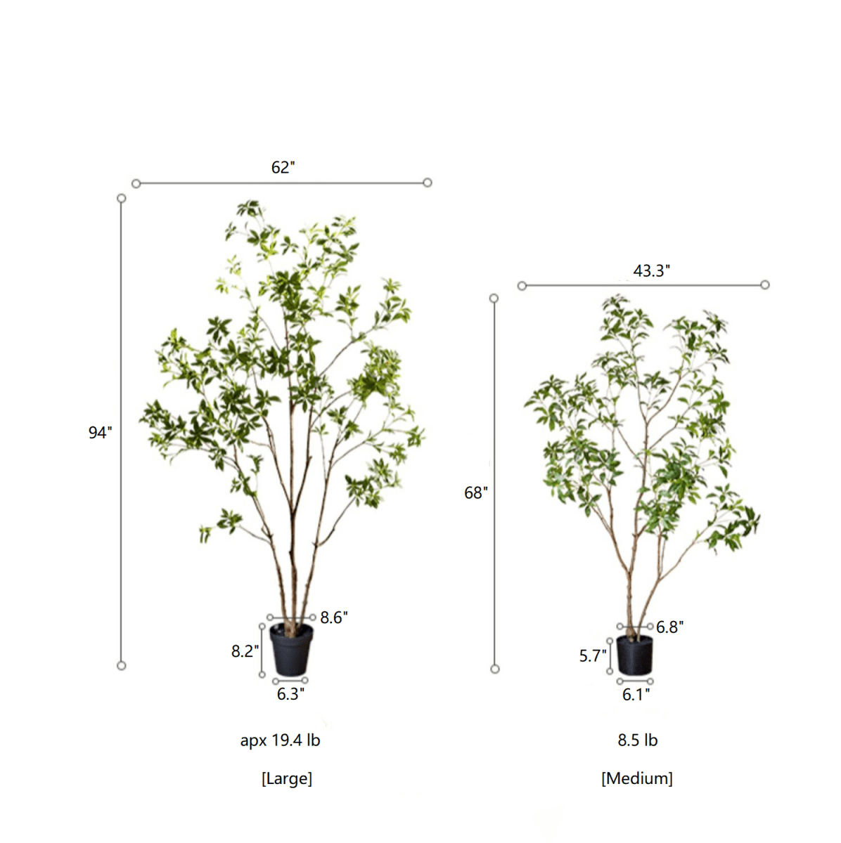 Dimensions and weight comparison of two artificial plants labeled 'Large' and 'Medium' on a white background.