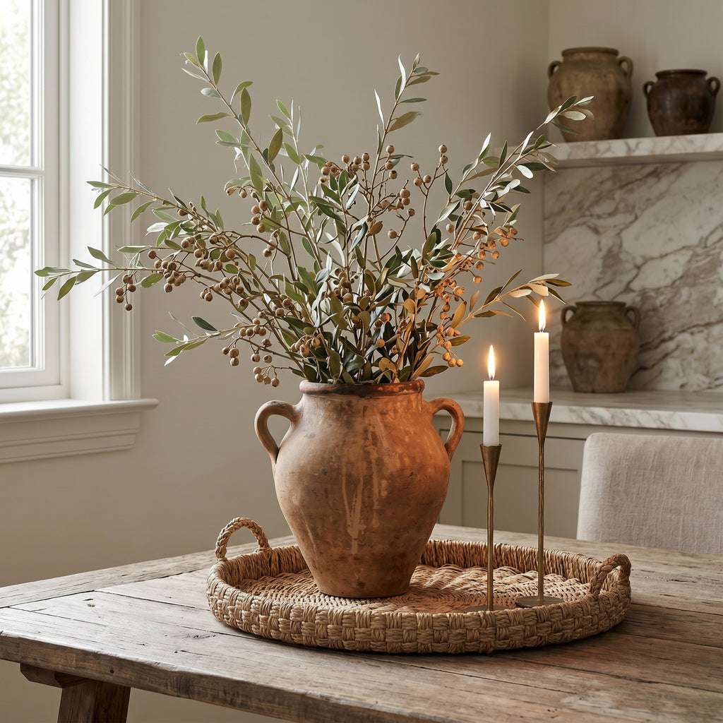 Decorative arrangement with a vase of dried plants on a wooden table, candles, and a woven tray.