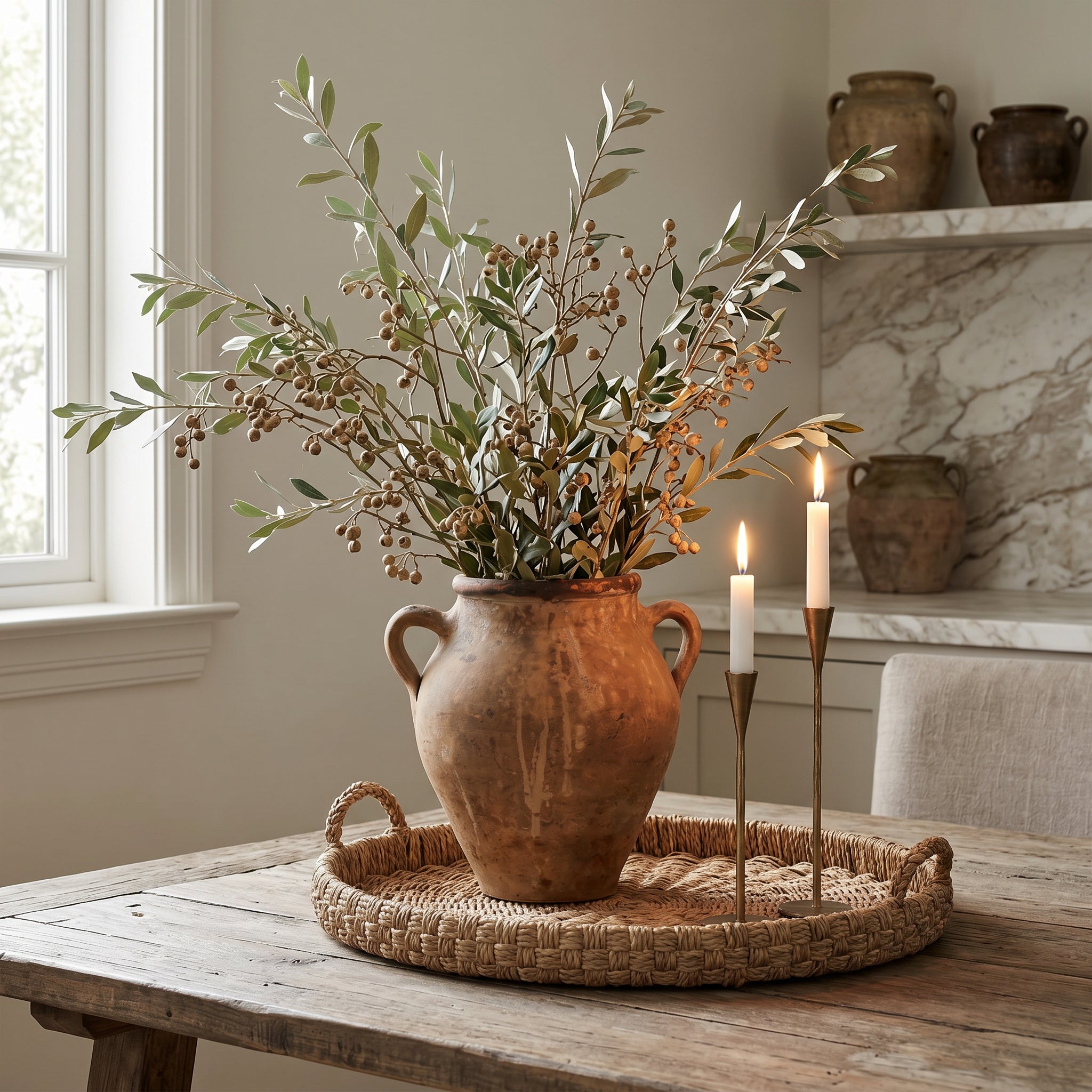 Decorative arrangement with a vase of dried plants on a wooden table, candles, and a woven tray.