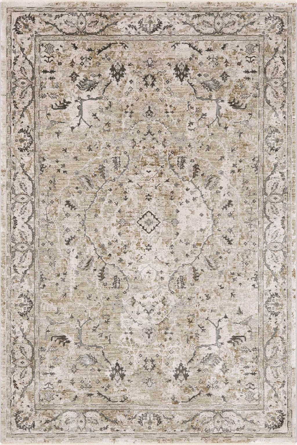 Decorative rug with intricate patterns and beige tones