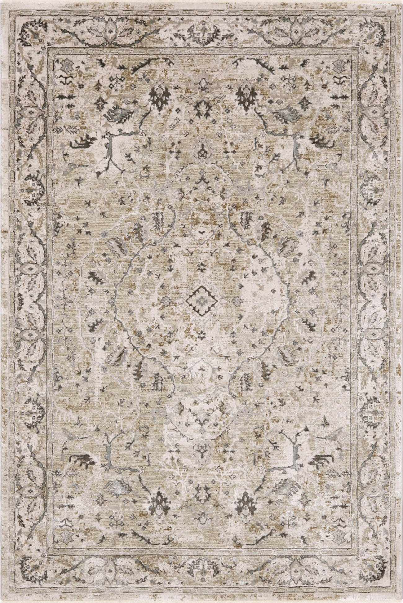 Decorative rug with intricate patterns and beige tones