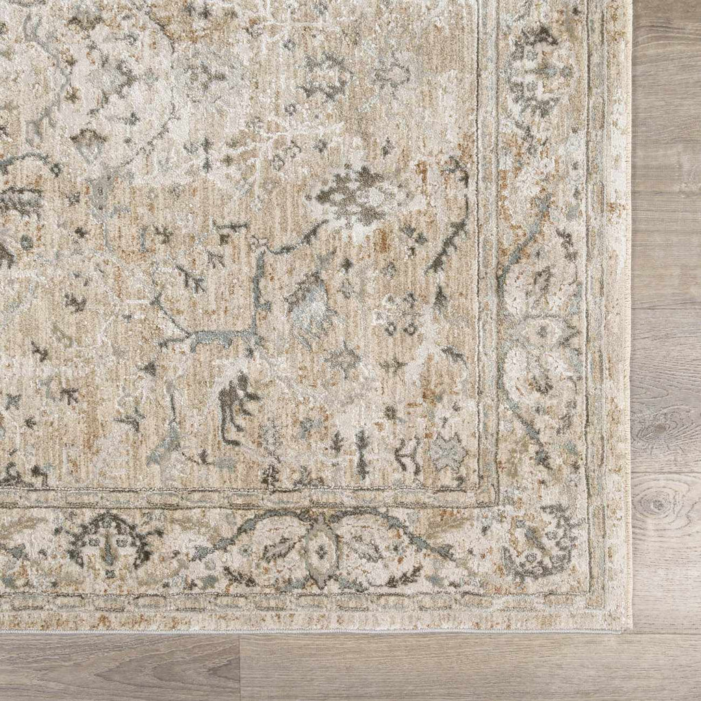 Patterned beige rug on a wooden floor