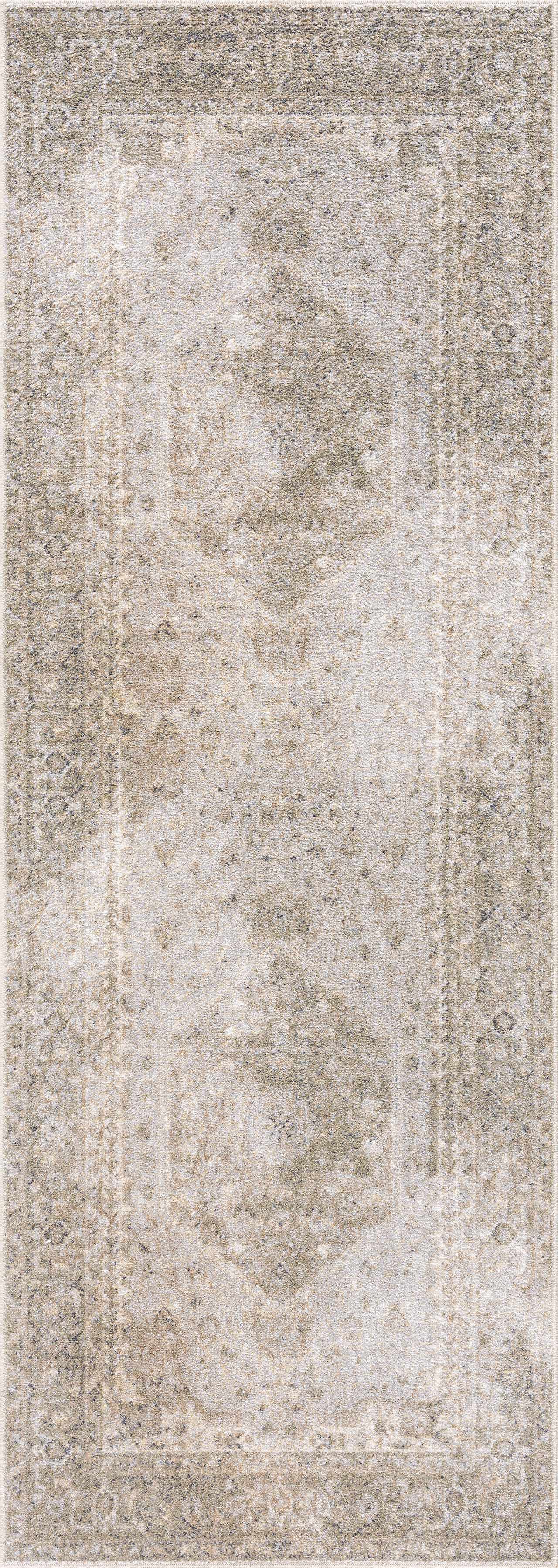 Long rectangular rug with a patterned design on a neutral background