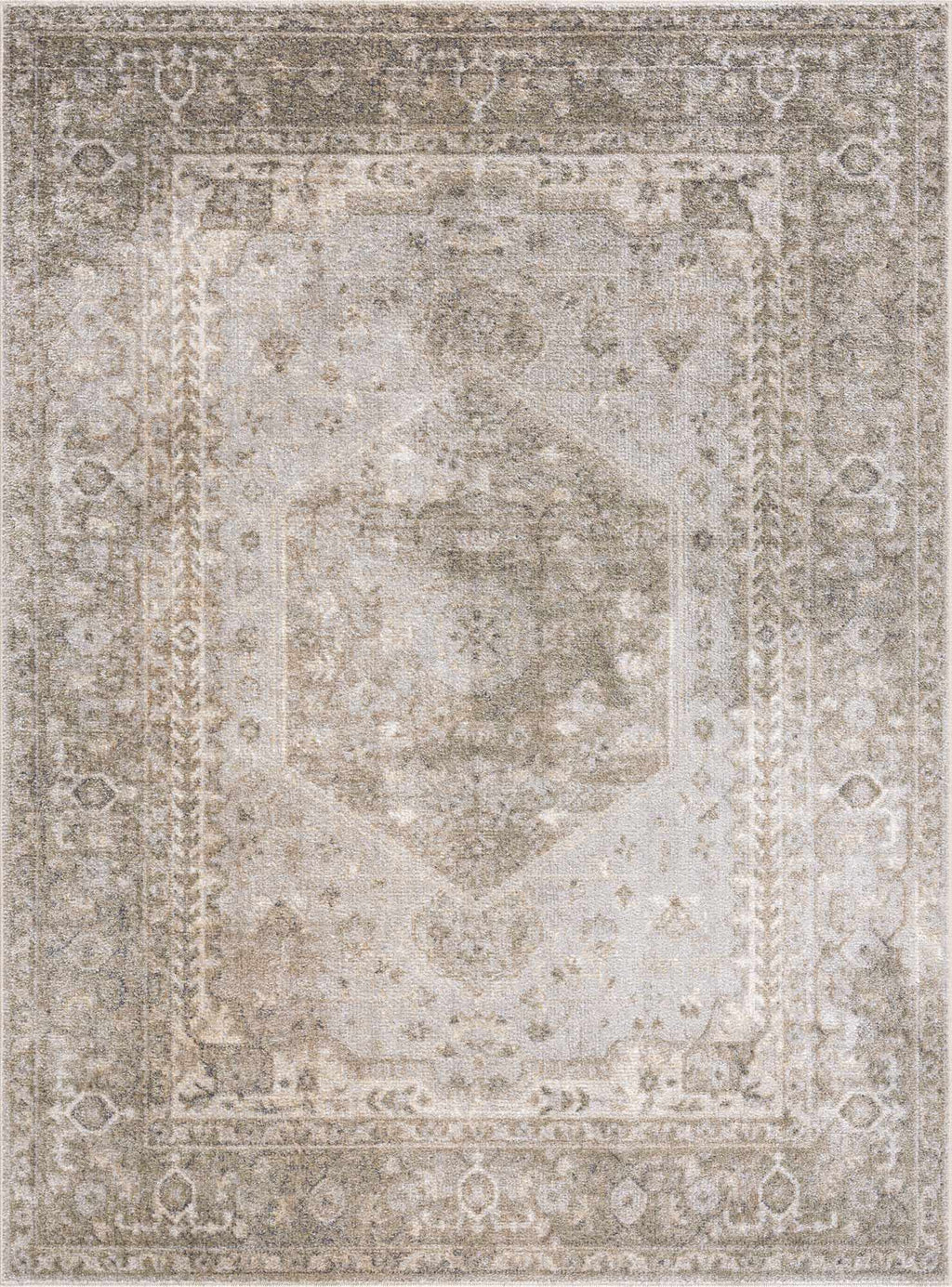 Decorative rug with intricate patterns in neutral colors on a light background
