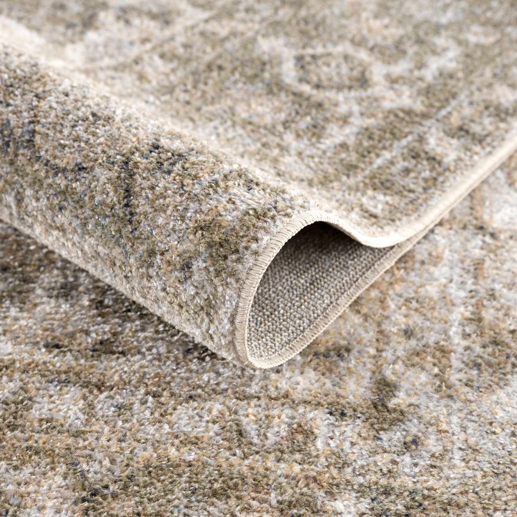 Close-up of a beige textured rug with a subtle pattern on a matching surface.