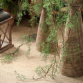 Decorative elements with greenery and burlap on a textured surface