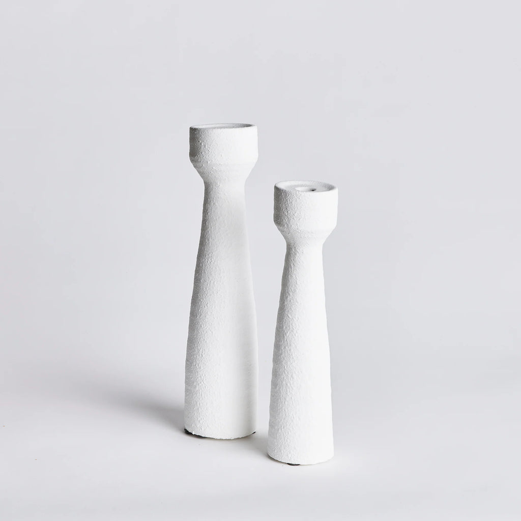 Sculptural white taper candle holders with a handcrafted textured finish and timeless minimalist European-inspired styling | Sorelle Rossi Shoppe