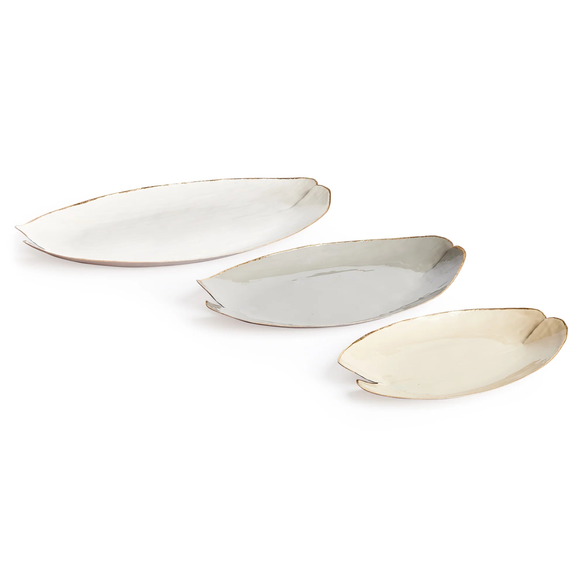Hand-Painted Lily Pad Decorative Trays Set of 3 | Gold Edge Serving Trays | Neutral Tones
