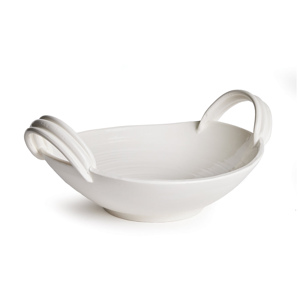 White ceramic bowl with handles on a white background