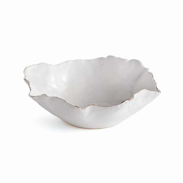 Handmade White Ceramic Bowl with Gold Edges | Sculptural Decorative Catchall & Coffee Table Tray