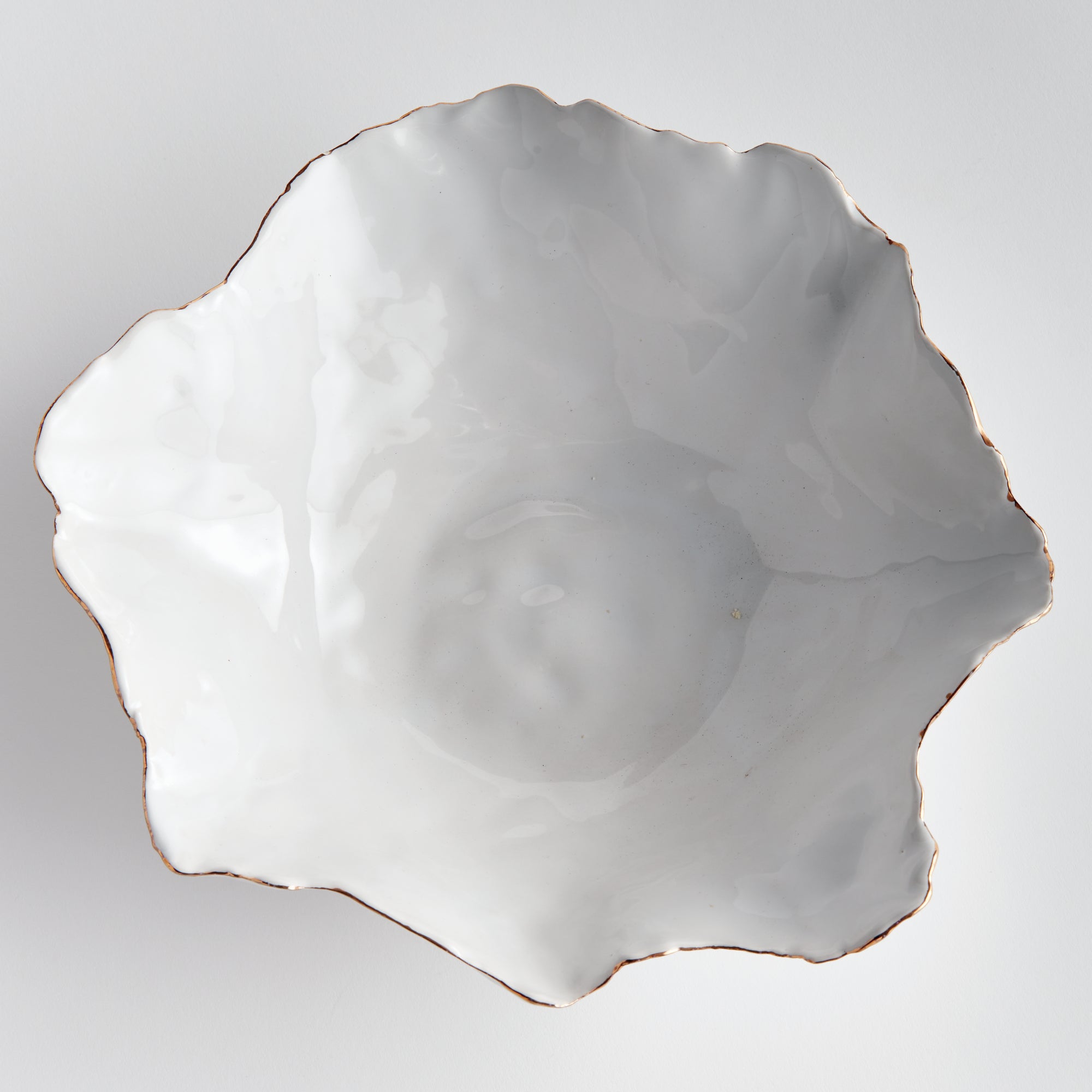 Handmade White Ceramic Bowl with Gold Edges | Sculptural Decorative Catchall & Coffee Table Tray