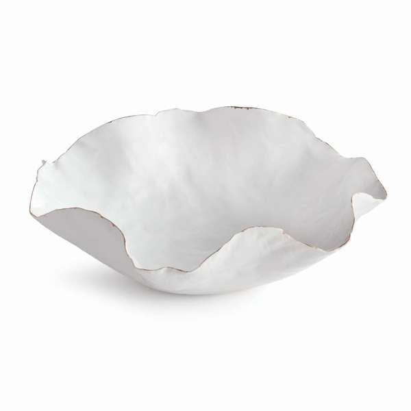 Handmade White Ceramic Bowl with Gold Edges | Sculptural Decorative Catchall & Coffee Table Tray