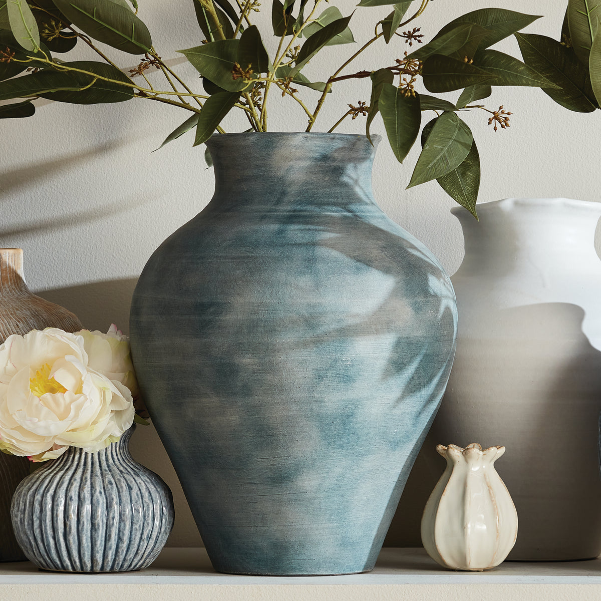 Mirela Hand-Thrown Terracotta Vase - Gray-Blue Matte Glaze (3 Sizes)