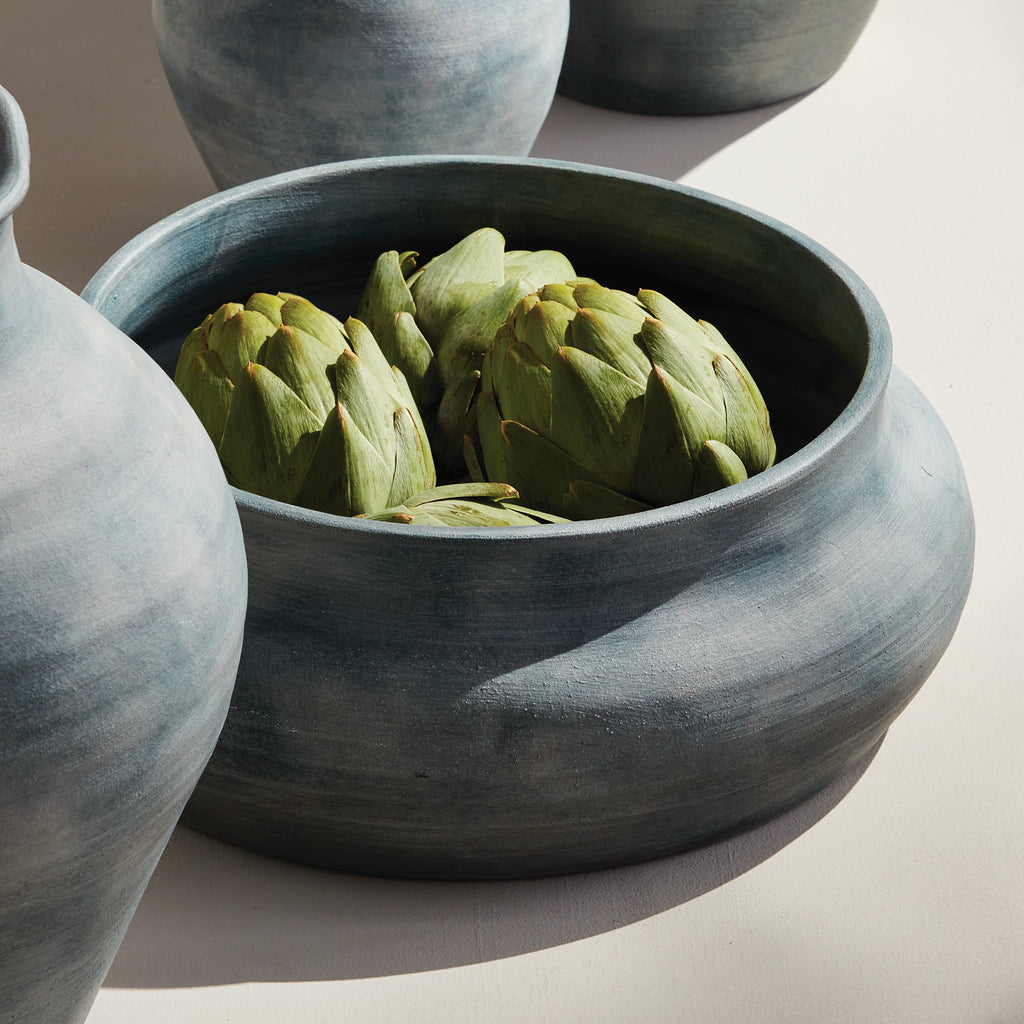 Mirela Hand-Thrown Terracotta Bowl - Gray-Blue Glaze, 14 Inch