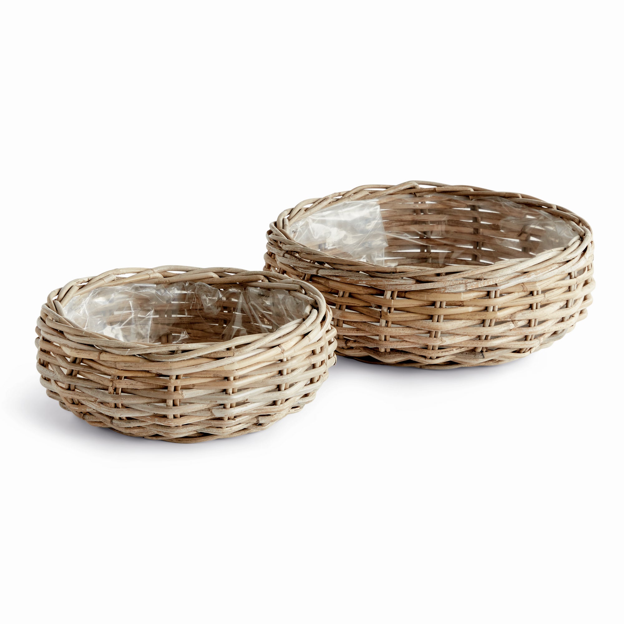 Handwoven Kubu Rattan Basket Planters Set of 2 – Rustic Low Woven Indoor Plant Baskets