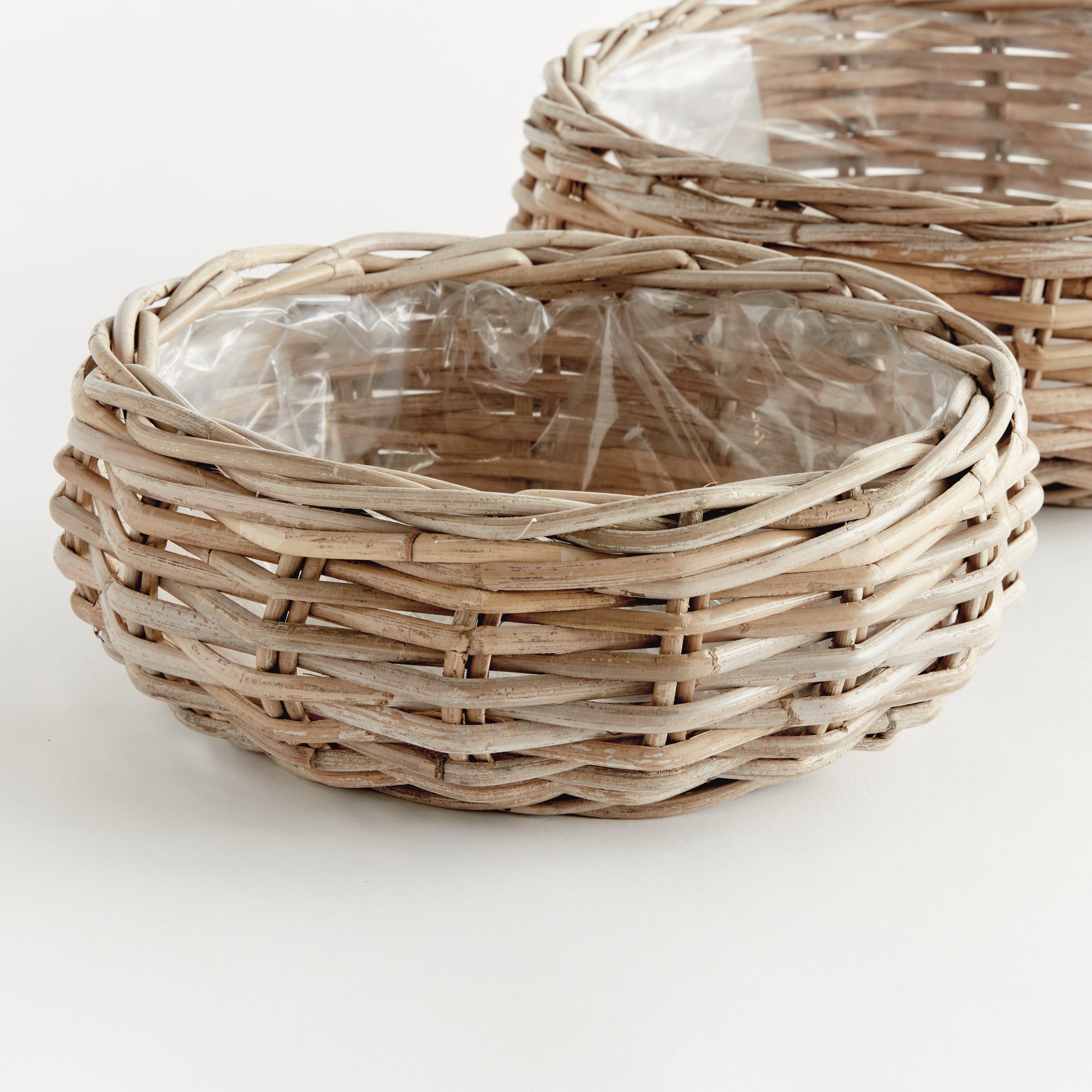 Handwoven Kubu Rattan Basket Planters Set of 2 – Rustic Low Woven Indoor Plant Baskets