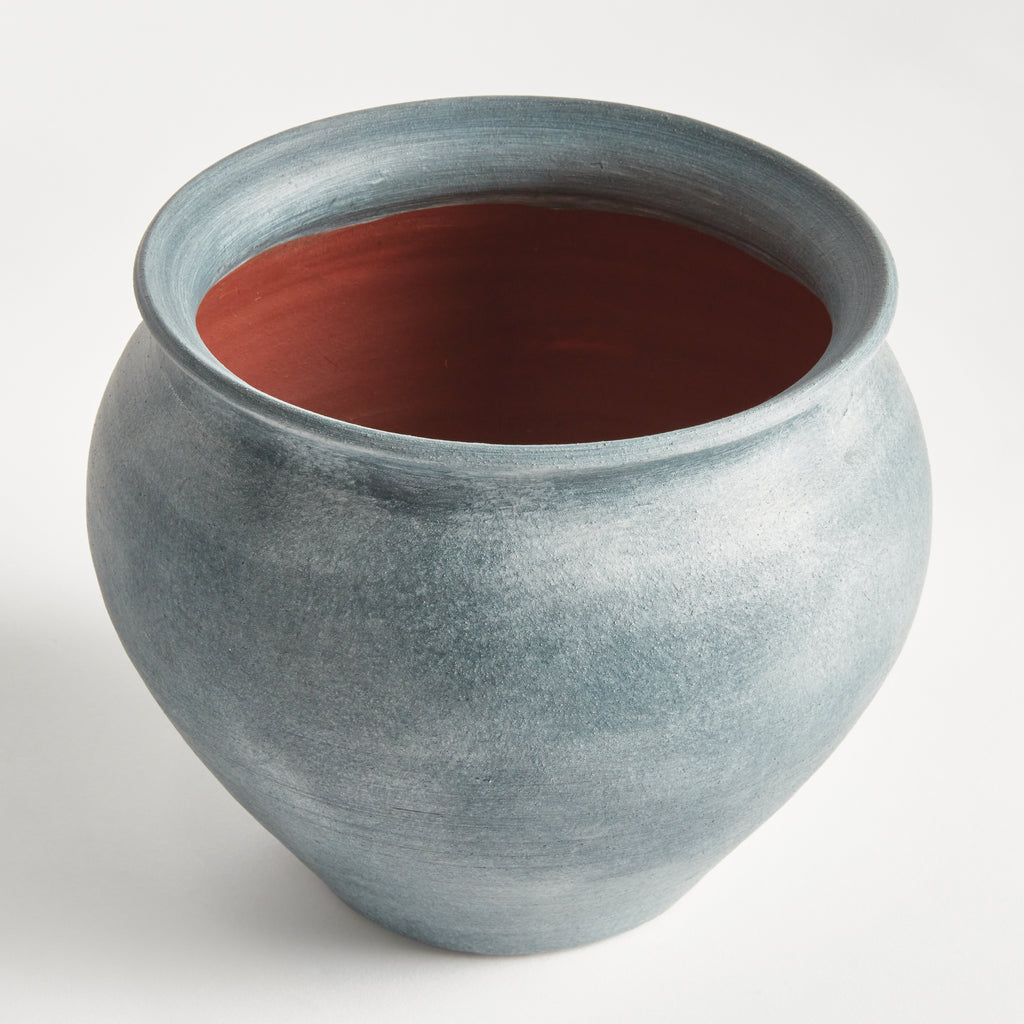 Mirela Large Hand-Thrown Terracotta Drum Vase - Gray-Blue Matte Glaze