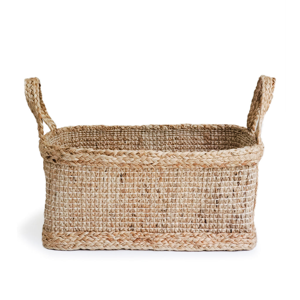 Natural handwoven rectangular basket with sturdy handles for timeless home organization and storage | Sorelle Rossi Shoppe