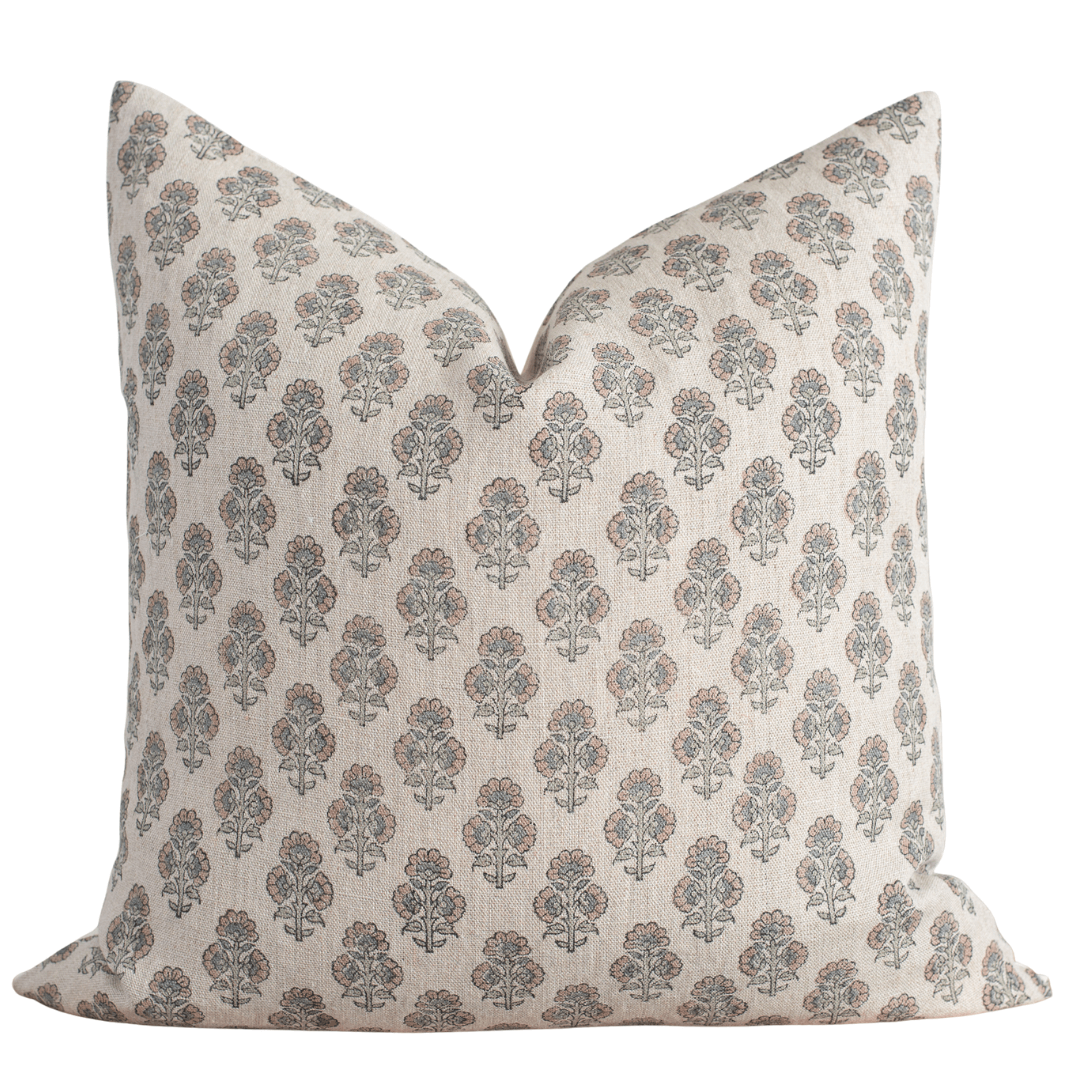 Linen Block Print Pillow Cover | Terracotta & Sage Floral