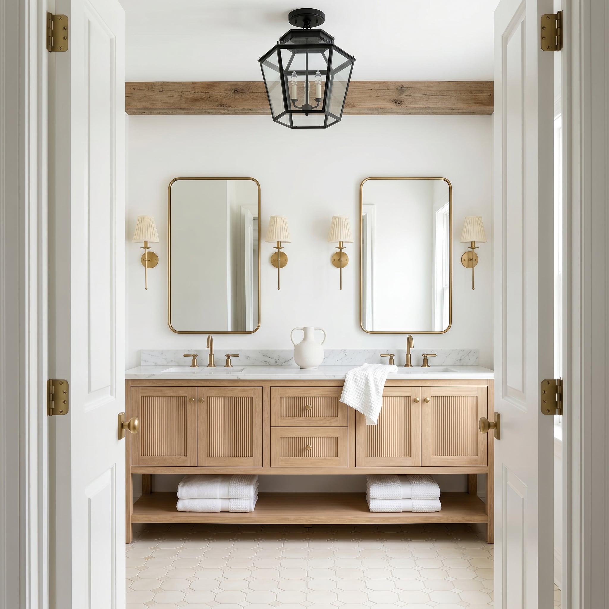 Bathroom with wooden vanity, mirrors, and decorative lights.