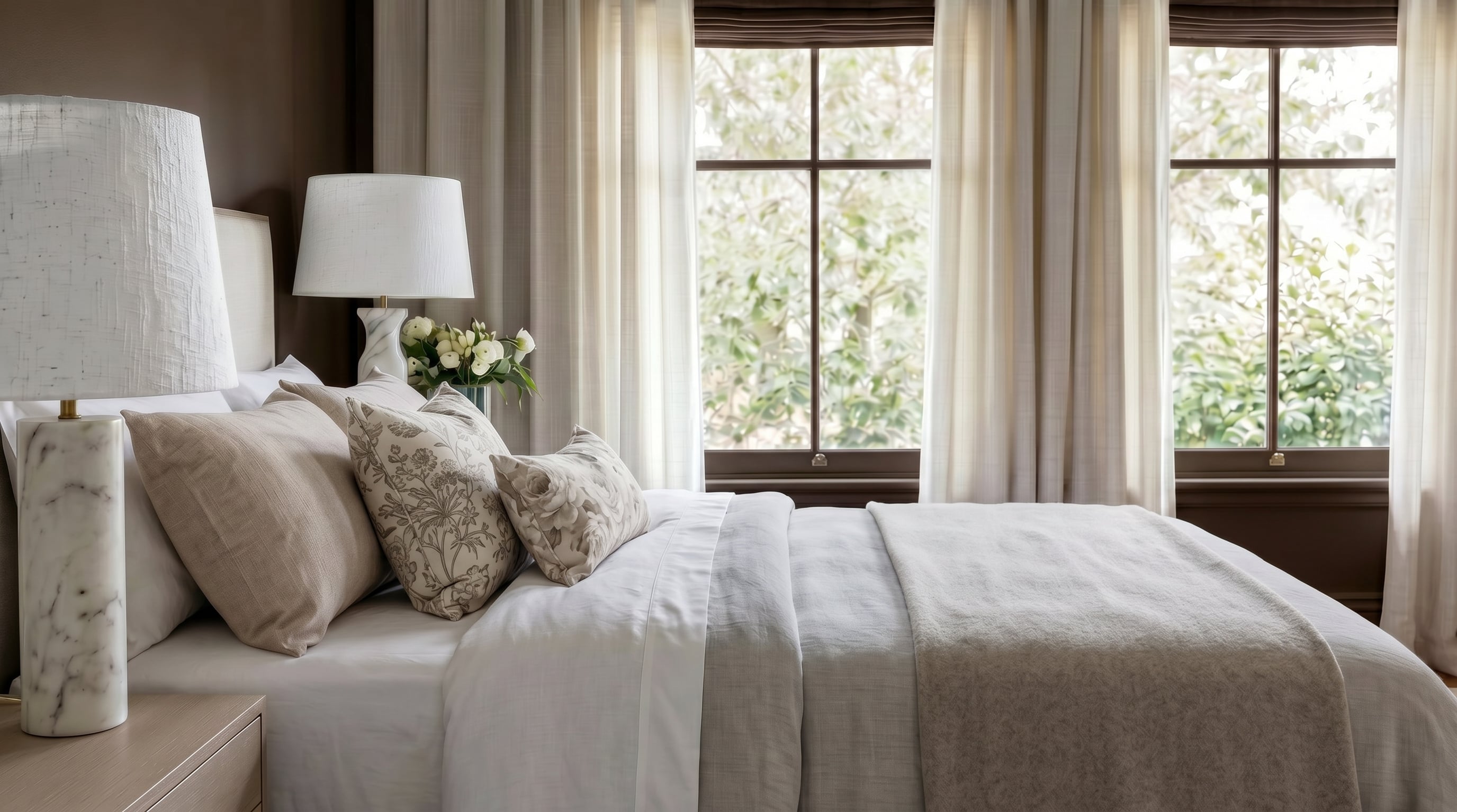 Neatly made bed with pillows and a lamp in a well-lit bedroom