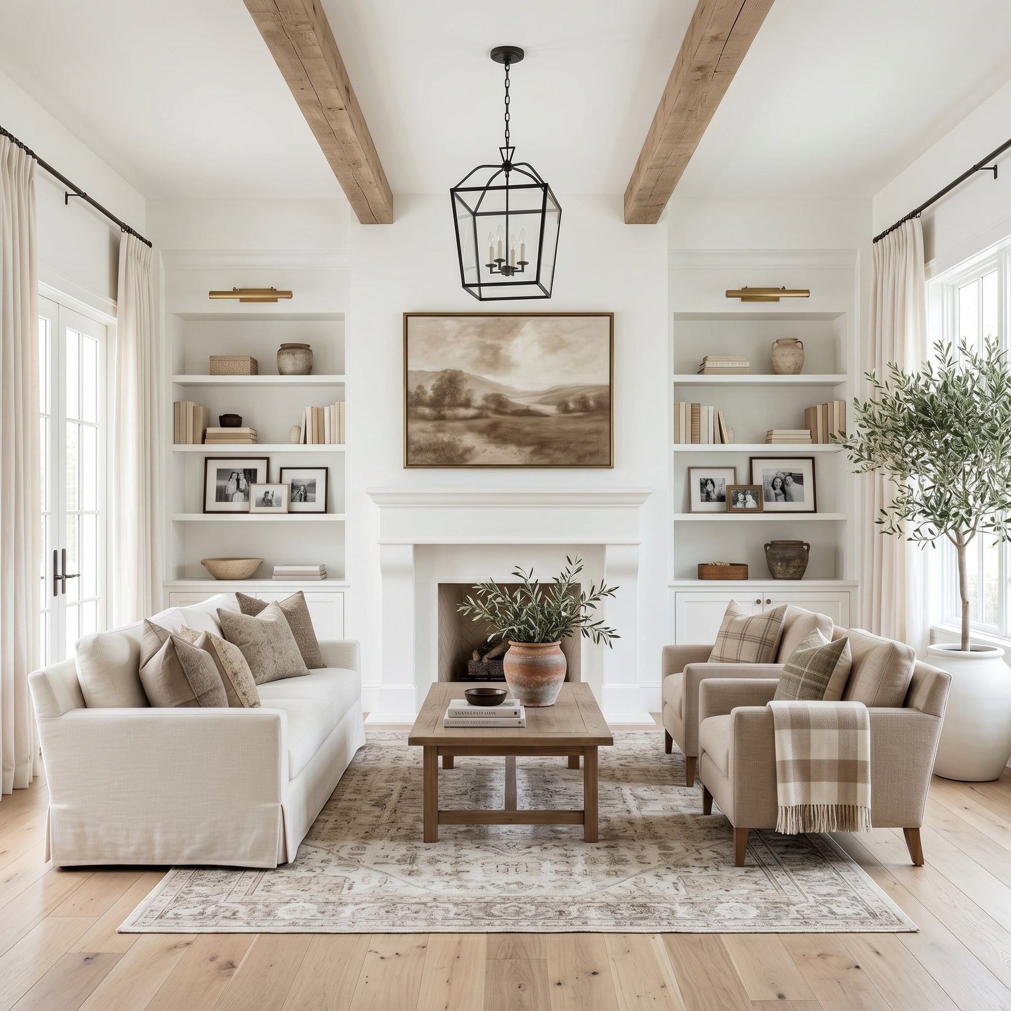 Cozy living room with white sofa, armchairs, coffee table, and decorative elements.