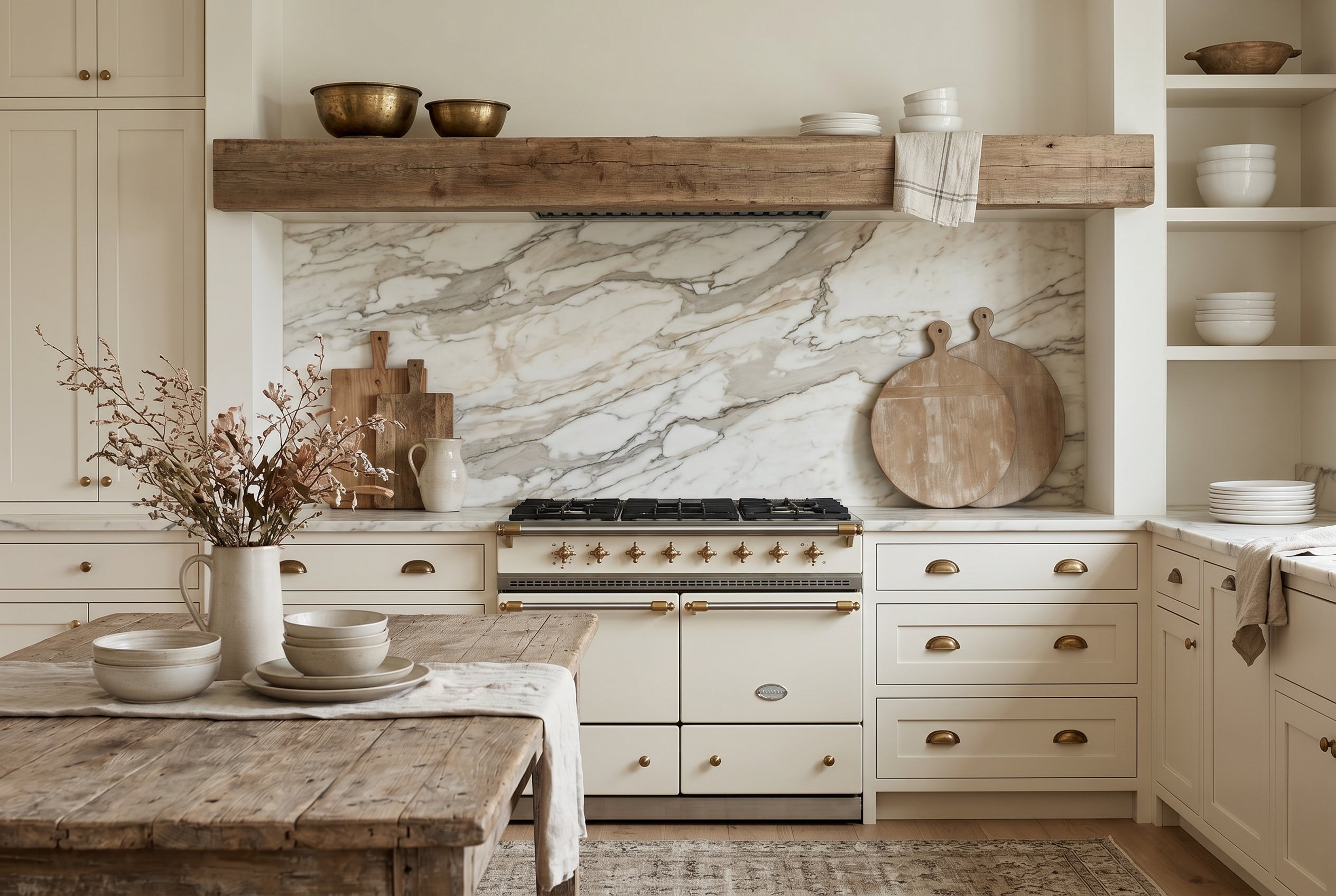 Modern kitchen with marble backsplash, white appliances, and wooden accents.