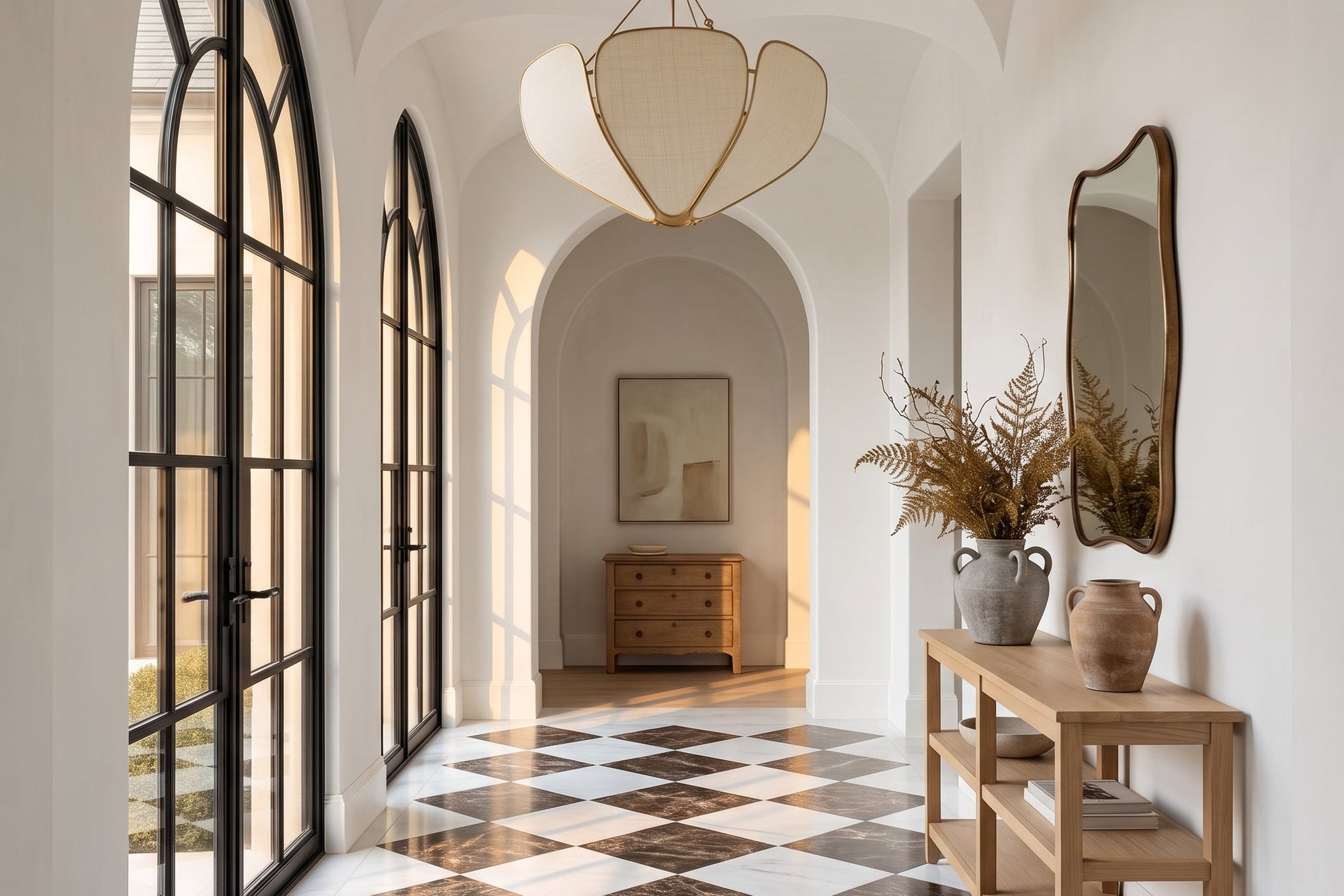 A bright, elegant hallway with white walls, arched black-framed windows, a checkered marble floor, a hanging pendant light, and a wooden console table with a mirror and ceramic vases.