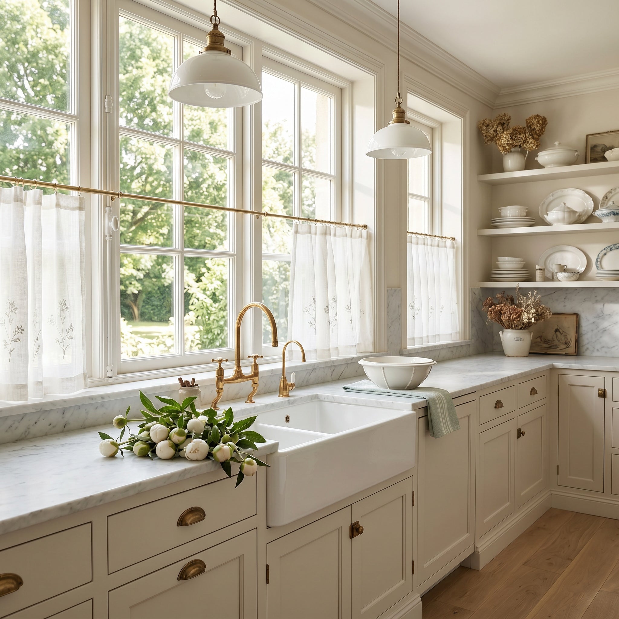 Modern kitchen with white marble countertops, gold fixtures, and large windows.