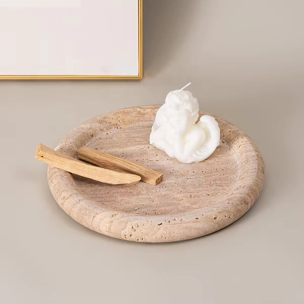 Minimal round travertine tray with soft neutral stone texture for elevated tabletop styling | Sorelle Rossi Shoppe