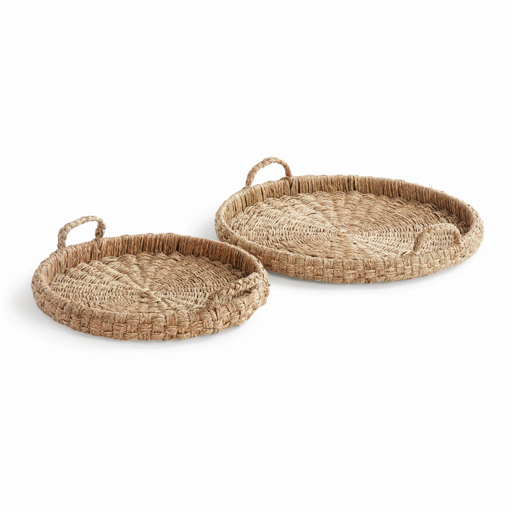 Two woven trays with handles on a white background