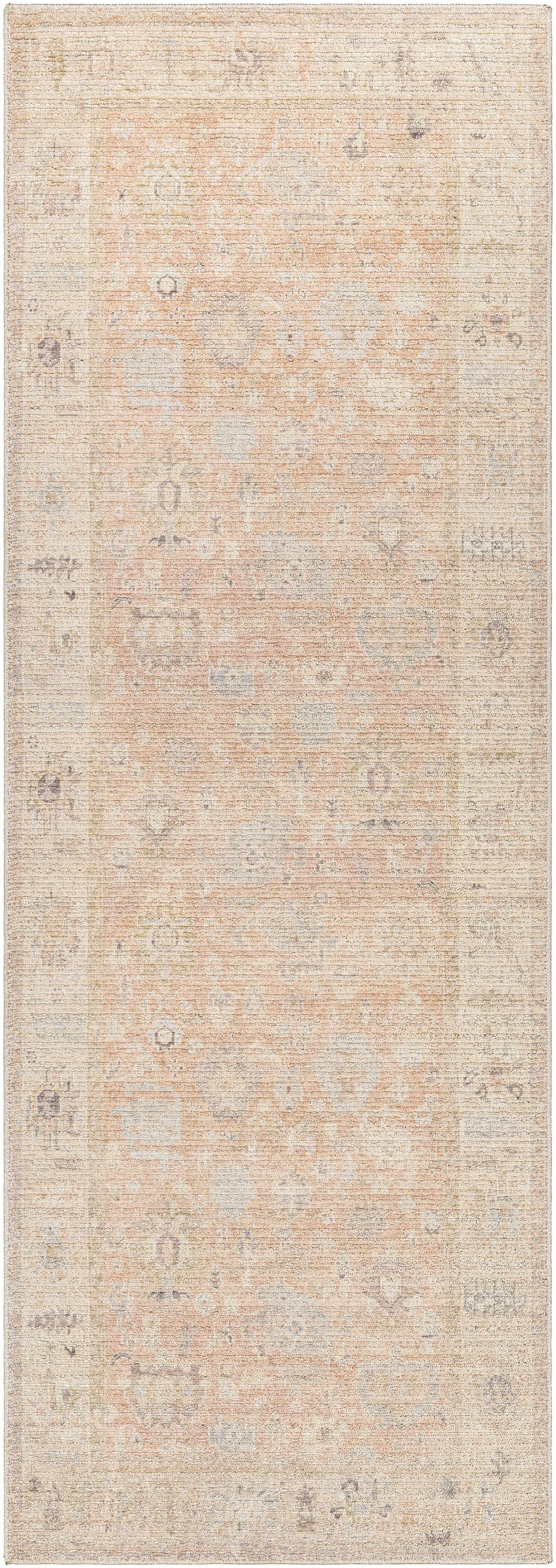 Beige runner rug with subtle pattern on a plain background