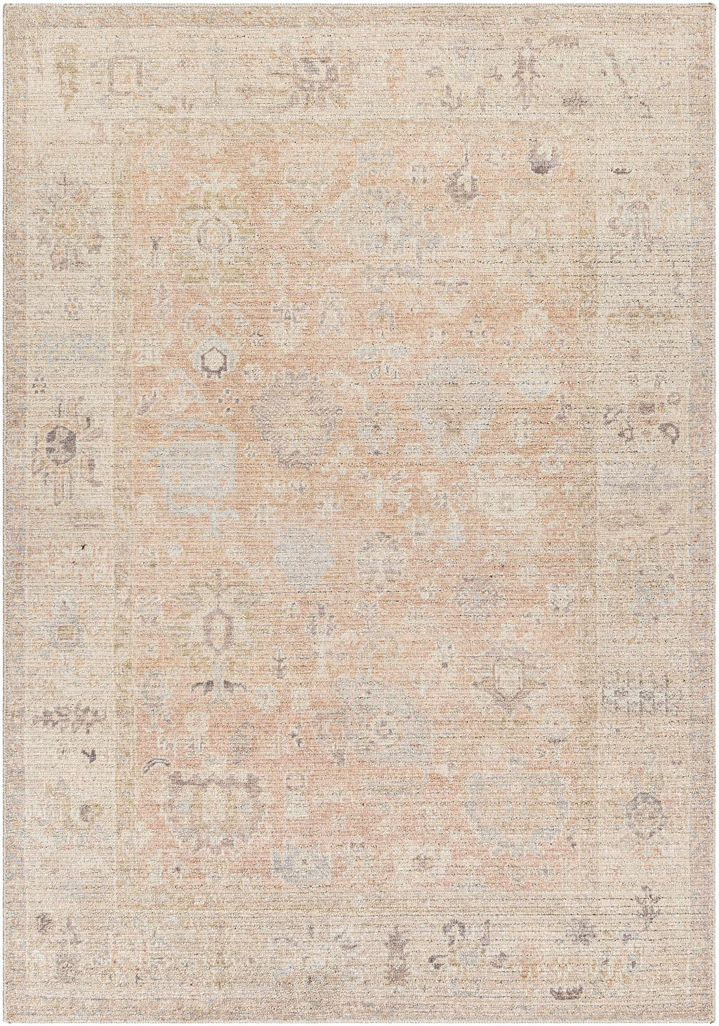 Patterned rug with beige and brown tones on a plain background
